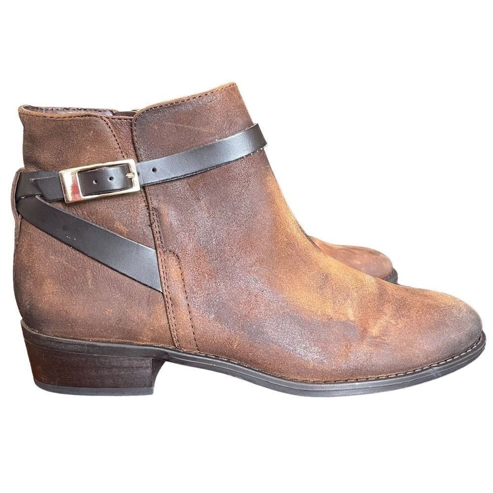 Franco Sarto Santos Womens 7.5M Brown Leather Ankle Boots Buckle Moto Booties